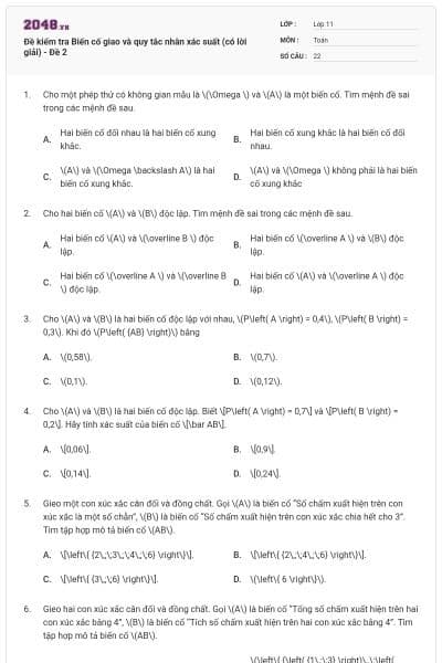 Đề kiểm tra Biến cố giao và quy tắc nhân xác suất (có lời giải) - Đề 2