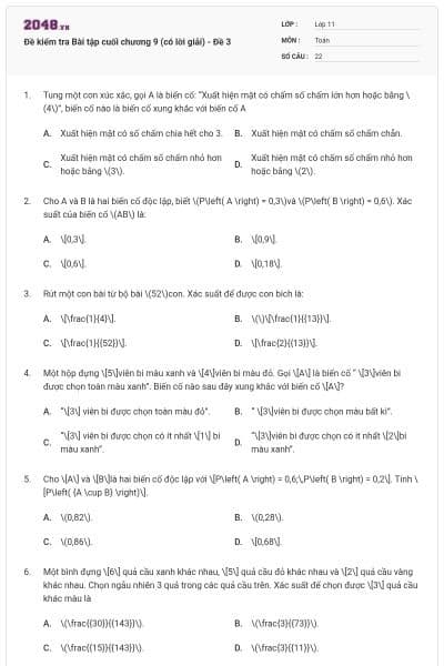Đề kiểm tra Bài tập cuối chương 9 (có lời giải) - Đề 3