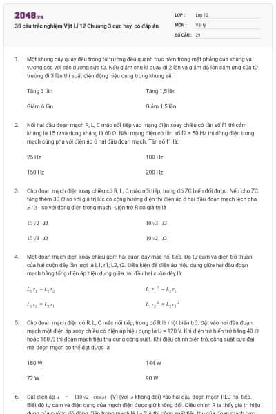 30 câu trắc nghiệm Vật Lí 12 Chương 3 cực hay, có đáp án