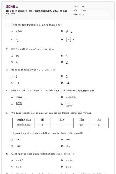 Bộ 5 đề thi giữa kì 2 Toán 7 Cánh diều (2022-2023) có đáp án - Đề 4