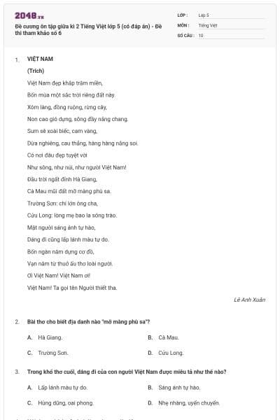 Đề cương ôn tập giữa kì 2 Tiếng Việt lớp 5 (có đáp án) - Đề thi tham khảo số 6