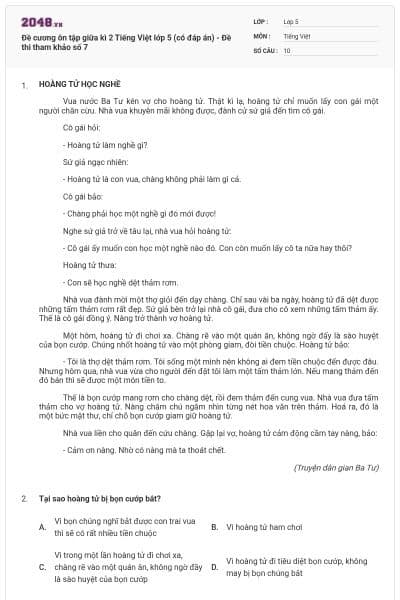 Đề cương ôn tập giữa kì 2 Tiếng Việt lớp 5 (có đáp án) - Đề thi tham khảo số 7