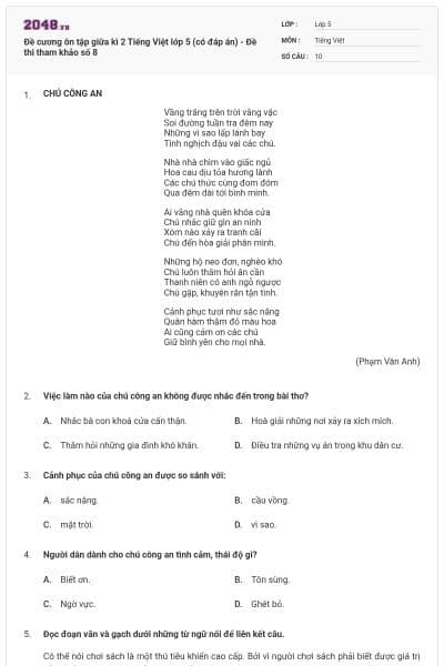 Đề cương ôn tập giữa kì 2 Tiếng Việt lớp 5 (có đáp án) - Đề thi tham khảo số 8