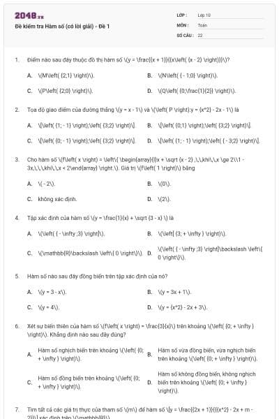 Đề kiểm tra Hàm số (có lời giải) - Đề 1
