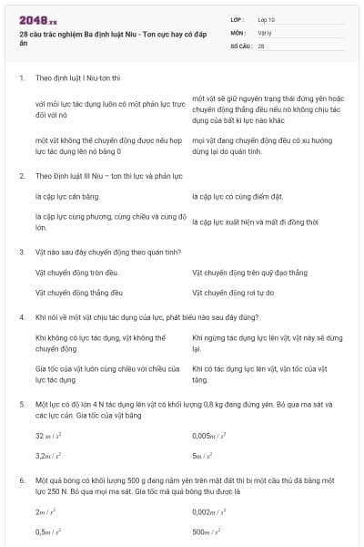 28 câu trắc nghiệm Ba định luật Niu - Tơn cực hay có đáp án
