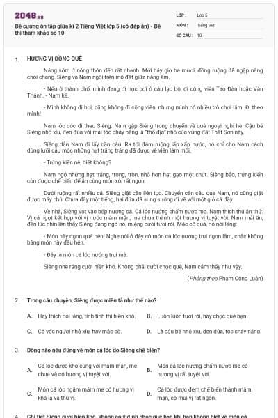 Đề cương ôn tập giữa kì 2 Tiếng Việt lớp 5 (có đáp án) - Đề thi tham khảo số 10