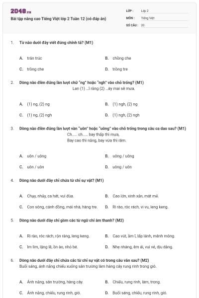 Bài tập nâng cao Tiếng Việt lớp 2 Tuần 12 (có đáp án)