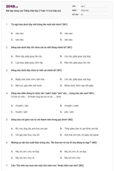 Bài tập nâng cao Tiếng Việt lớp 2 Tuần 14 (có đáp án)