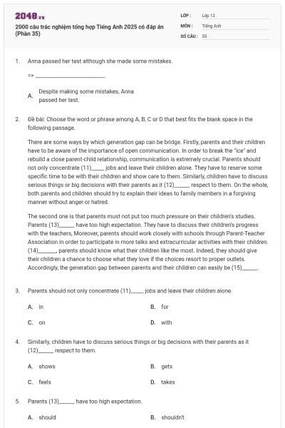2000 câu trắc nghiệm tổng hợp Tiếng Anh 2025 có đáp án (Phần 35)