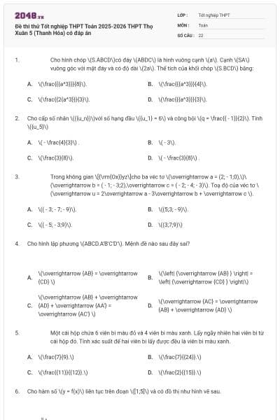 Đề thi thử Tốt nghiệp THPT Toán 2025-2026 THPT Thọ Xuân 5 (Thanh Hóa) có đáp án
