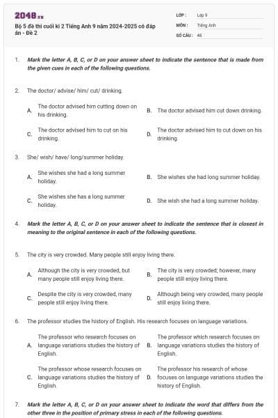 Bộ 5 đề thi cuối kì 2 Tiếng Anh 9 năm 2024-2025 có đáp án - Đề 2