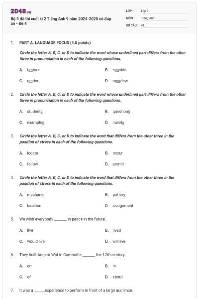 Bộ 5 đề thi cuối kì 2 Tiếng Anh 9 năm 2024-2025 có đáp án - Đề 4