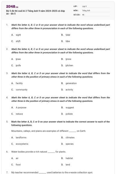Bộ 5 đề thi cuối kì 2 Tiếng Anh 9 năm 2024-2025 có đáp án - Đề 5