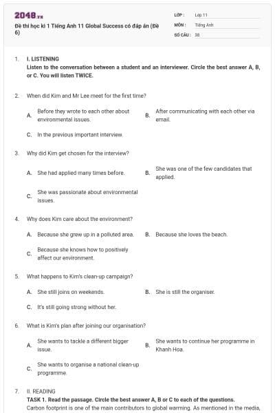 Đề thi học kì 1 Tiếng Anh 11 Global Success có đáp án (Đề 6)
