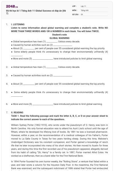 Đề thi học kì 1 Tiếng Anh 11 Global Success có đáp án (Đề 7)