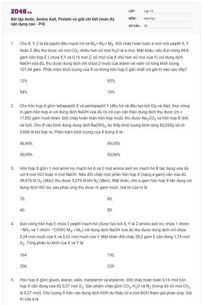 Bài tập Amin, Amino Axit, Protein có giải chi tiết (mức độ vận dụng cao - P4)