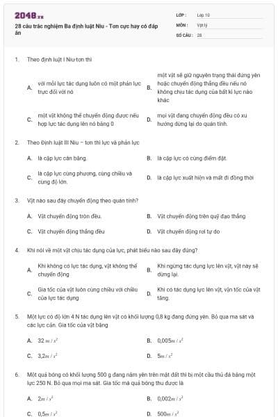 28 câu trắc nghiệm Ba định luật Niu - Tơn cực hay có đáp án
