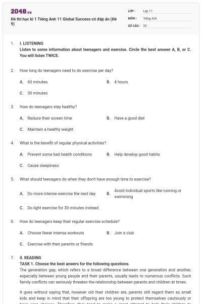 Đề thi học kì 1 Tiếng Anh 11 Global Success có đáp án (Đề 9)