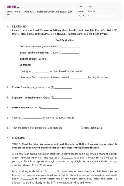 Đề thi học kì 1 Tiếng Anh 11 Global Success có đáp án (Đề 10)