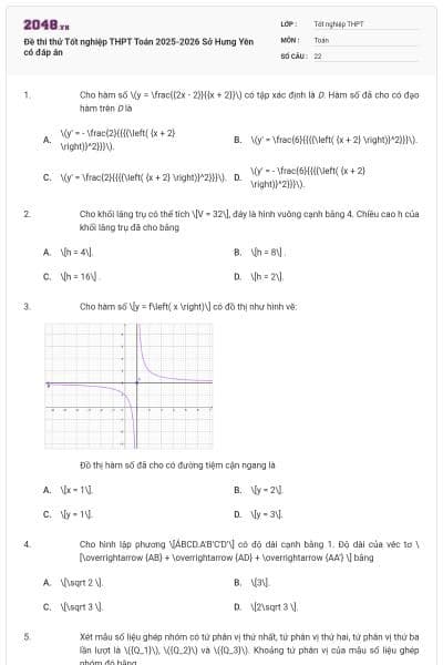 Đề thi thử Tốt nghiệp THPT Toán 2025-2026 Sở Hưng Yên có đáp án