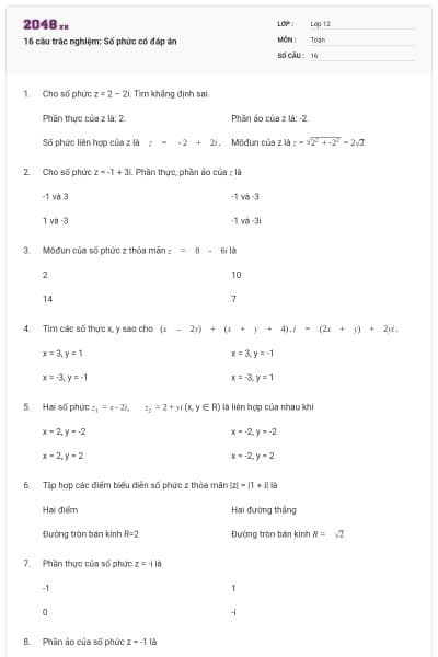 16 câu trắc nghiệm: Số phức có đáp án