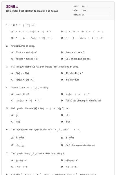 Đề kiểm tra 1 tiết Giải tích 12 Chương 3 có đáp án
