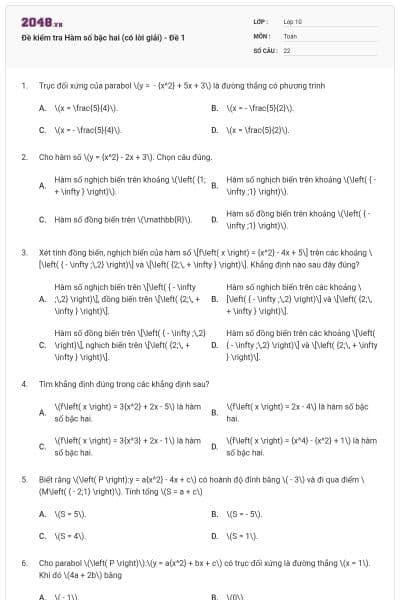 Đề kiểm tra Hàm số bậc hai (có lời giải) - Đề 1