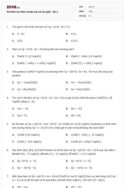 Đề kiểm tra Hàm số bậc hai (có lời giải) - Đề 2