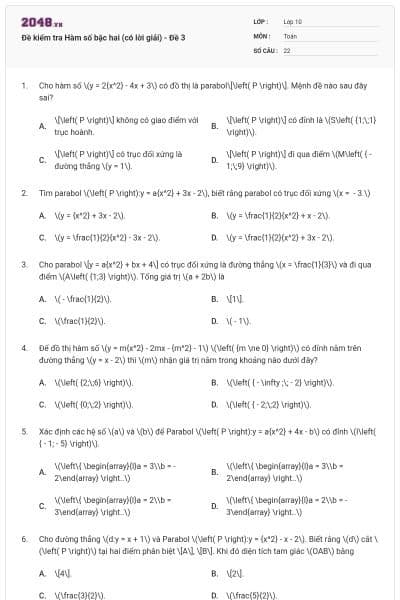Đề kiểm tra Hàm số bậc hai (có lời giải) - Đề 3