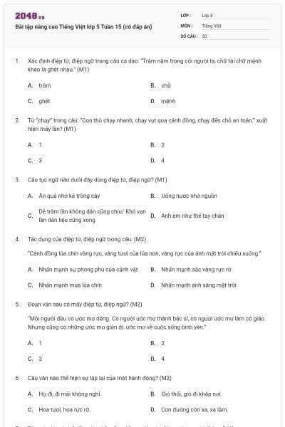 Bài tập nâng cao Tiếng Việt lớp 5 Tuần 15 (có đáp án)