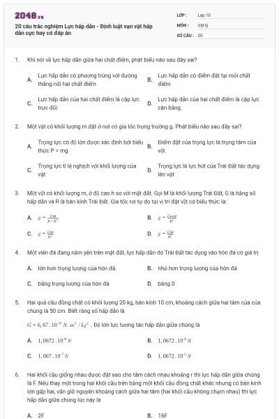 20 câu trắc nghiệm Lực hấp dẫn - Định luật vạn vật hấp dẫn cực hay có đáp án