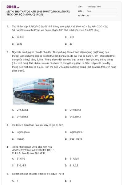 ĐỀ THI THỬ THPTQG NĂM 2019 MÔN TOÁN CHUẨN CẤU TRÚC CỦA BỘ GIÁO DỤC( Đề 20)