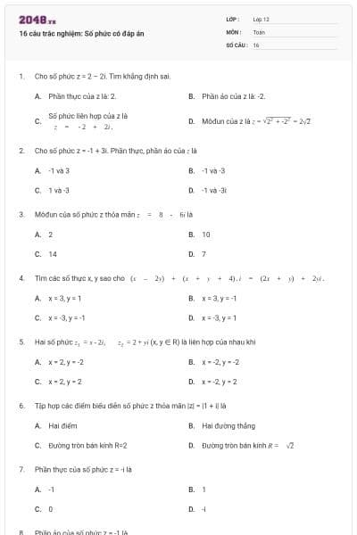 16 câu trắc nghiệm: Số phức có đáp án