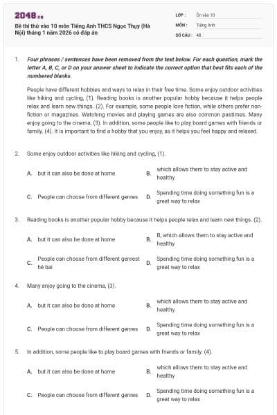 Đề thi thử vào 10 môn Tiếng Anh THCS Ngọc Thụy (Hà Nội) tháng 1 năm 2026 có đáp án