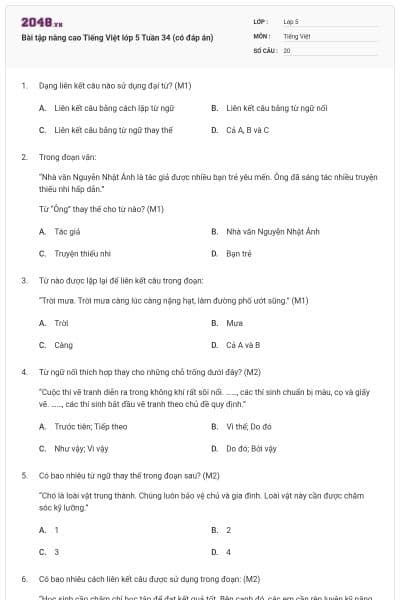 Bài tập nâng cao Tiếng Việt lớp 5 Tuần 34 (có đáp án)
