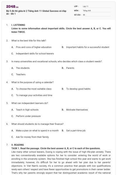 Bộ 5 đề thi giữa kì 2 Tiếng Anh 11 Global Success có đáp án - Đề 1