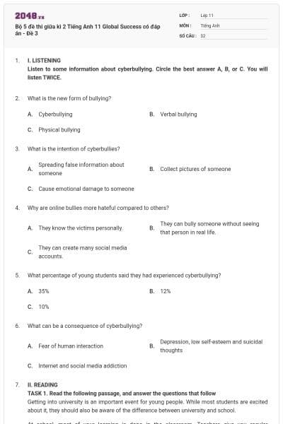 Bộ 5 đề thi giữa kì 2 Tiếng Anh 11 Global Success có đáp án - Đề 3