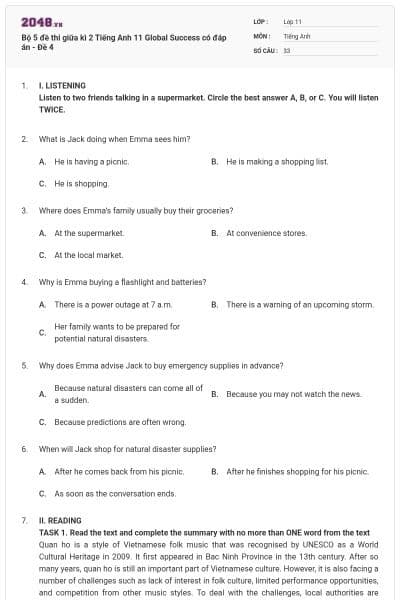 Bộ 5 đề thi giữa kì 2 Tiếng Anh 11 Global Success có đáp án - Đề 4