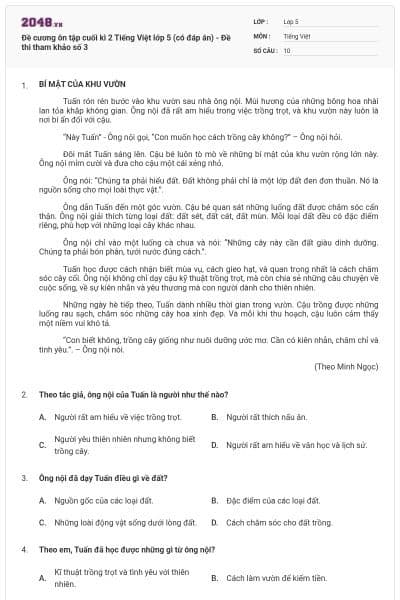 Đề cương ôn tập cuối kì 2 Tiếng Việt lớp 5 (có đáp án) - Đề thi tham khảo số 3