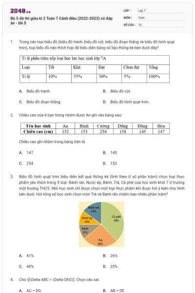 Bộ 5 đề thi giữa kì 2 Toán 7 Cánh diều (2022-2023) có đáp án - Đề 5