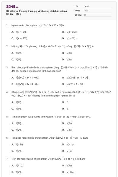Đề kiểm tra Phương trình quy về phương trình bậc hai (có lời giải) - Đề 3