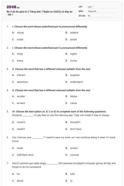 Bộ 5 đề thi giữa kì 2 Tiếng Anh 7 Right on (2023) có đáp án - Đề 1