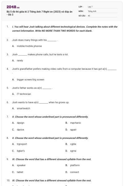 Bộ 5 đề thi giữa kì 2 Tiếng Anh 7 Right on (2023) có đáp án - Đề 3