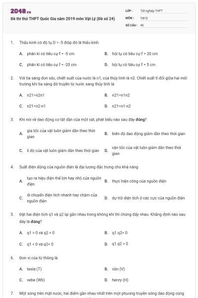 Đề thi thử THPT Quốc Gia năm 2019 môn Vật Lý (Đề số 24)
