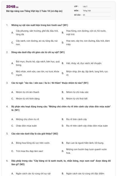 Bài tập nâng cao Tiếng Việt lớp 2 Tuần 18 (có đáp án)