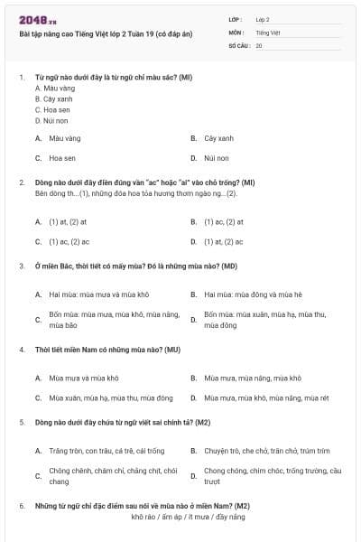 Bài tập nâng cao Tiếng Việt lớp 2 Tuần 19 (có đáp án)