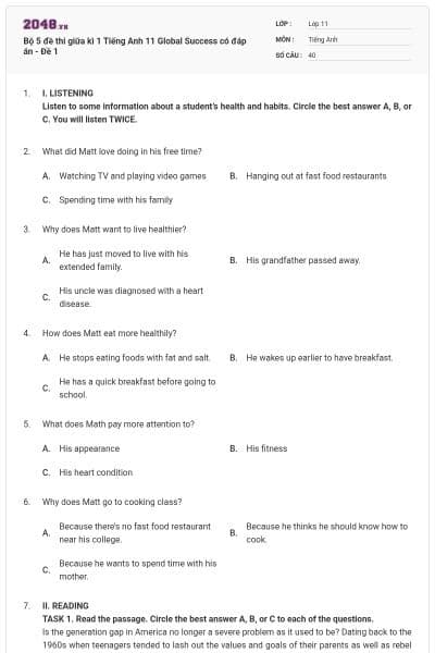 Bộ 5 đề thi giữa kì 1 Tiếng Anh 11 Global Success có đáp án - Đề 1