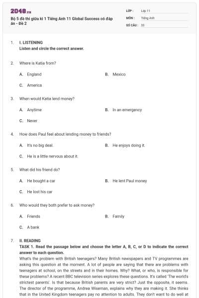 Bộ 5 đề thi giữa kì 1 Tiếng Anh 11 Global Success có đáp án - Đề 2