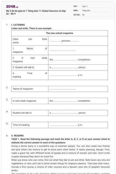 Bộ 5 đề thi giữa kì 1 Tiếng Anh 11 Global Success có đáp án - Đề 4