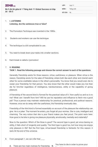 Bộ 5 đề thi giữa kì 1 Tiếng Anh 11 Global Success có đáp án - Đề 5